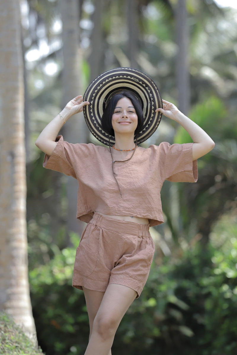 Linen Short Sleeve Indigo/Terracotta/Green/Cream