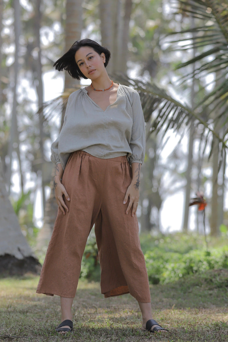 Linen Gaucho Pants Indigo/Terracotta/Leaf Green/Cream Yellow