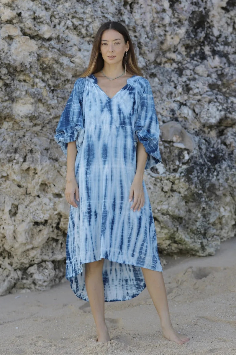 Balloon Sleeve Dress Indigo Tie Dye/Pink Tie Dye