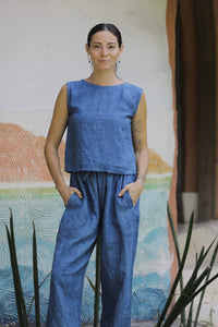 Linen Cynthia Button Tank Indigo/Terracotta/Leaf Green/Cream Yellow