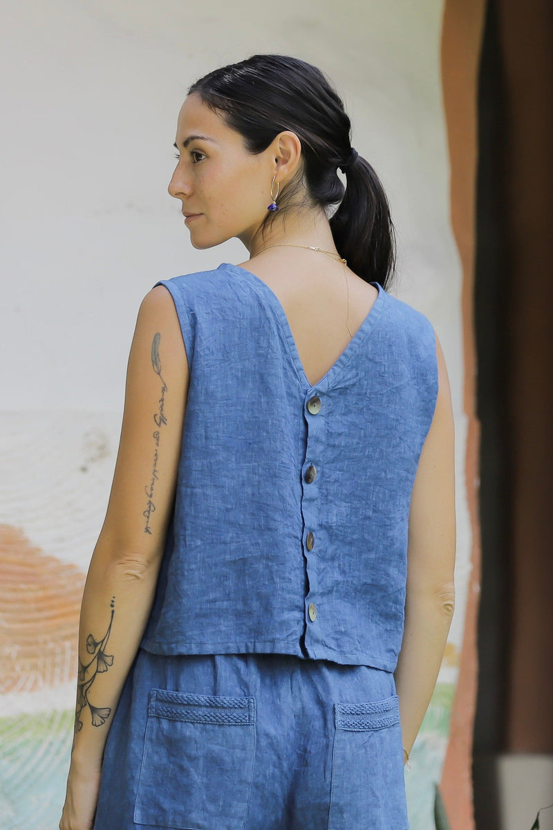 Linen Cynthia Button Tank Indigo/Terracotta/Leaf Green/Cream Yellow