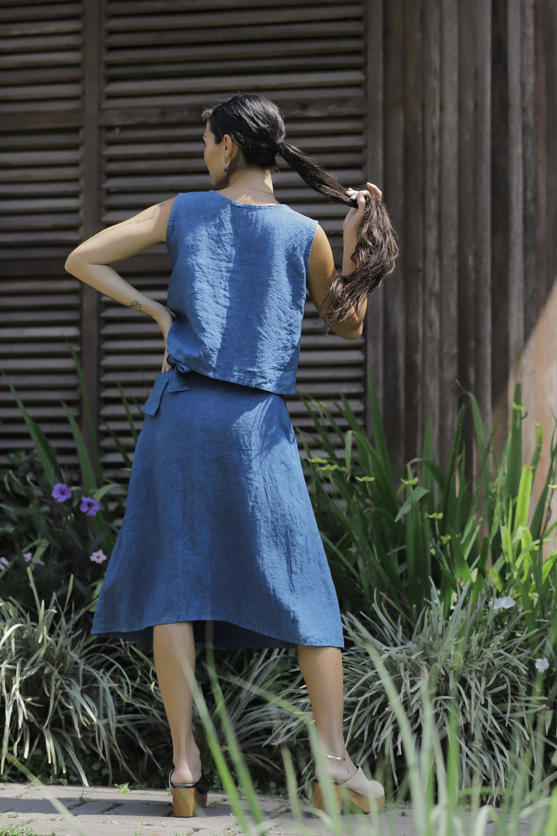 Linen Cynthia Button Tank Indigo/Terracotta/Leaf Green/Cream Yellow