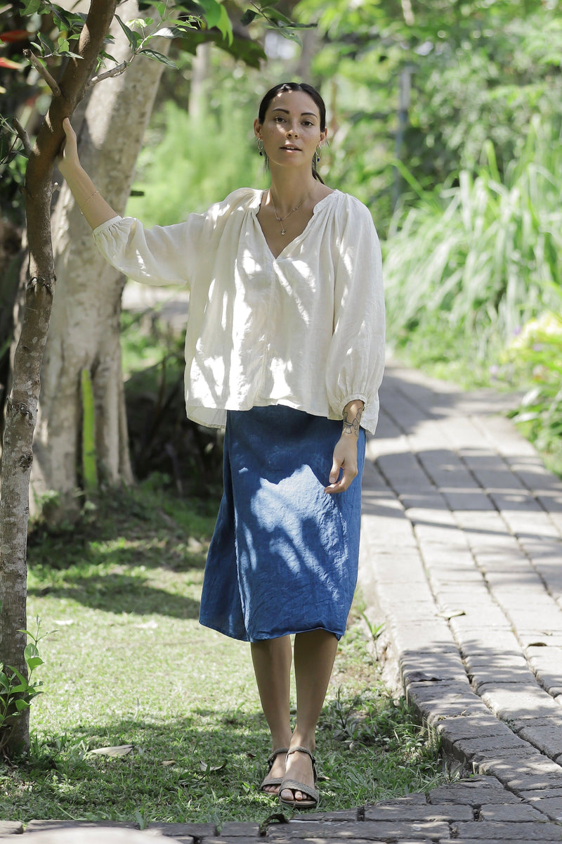 Linen wrap skirt indigo/cream yellow/terracotta