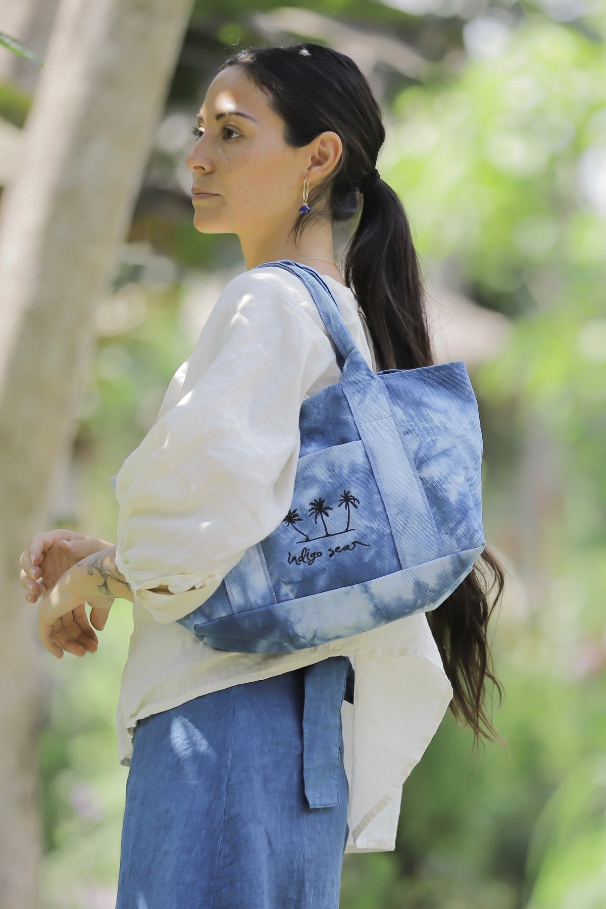 Petite tote bag indigo tie dye/terracotta/ice green