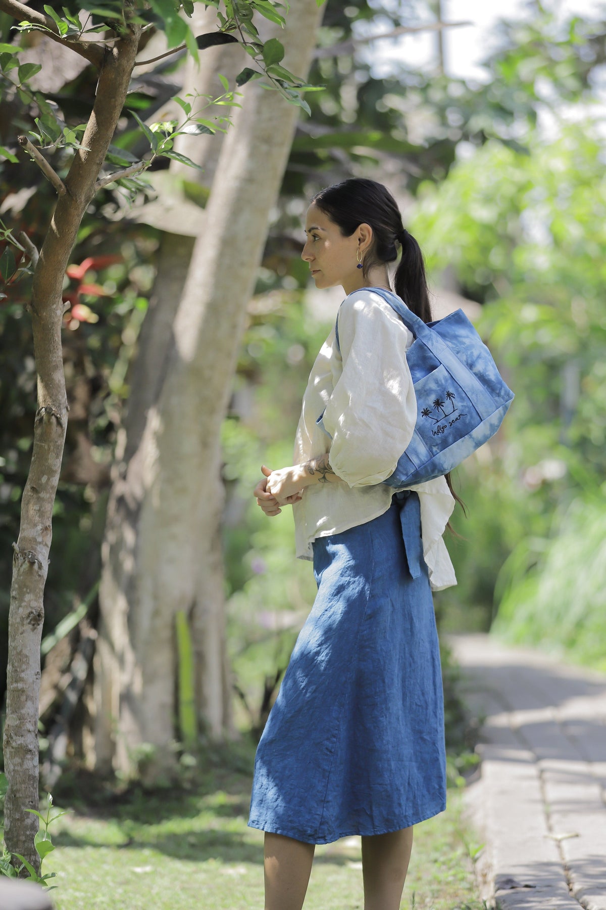 Linen wrap skirt indigo/cream yellow/terracotta