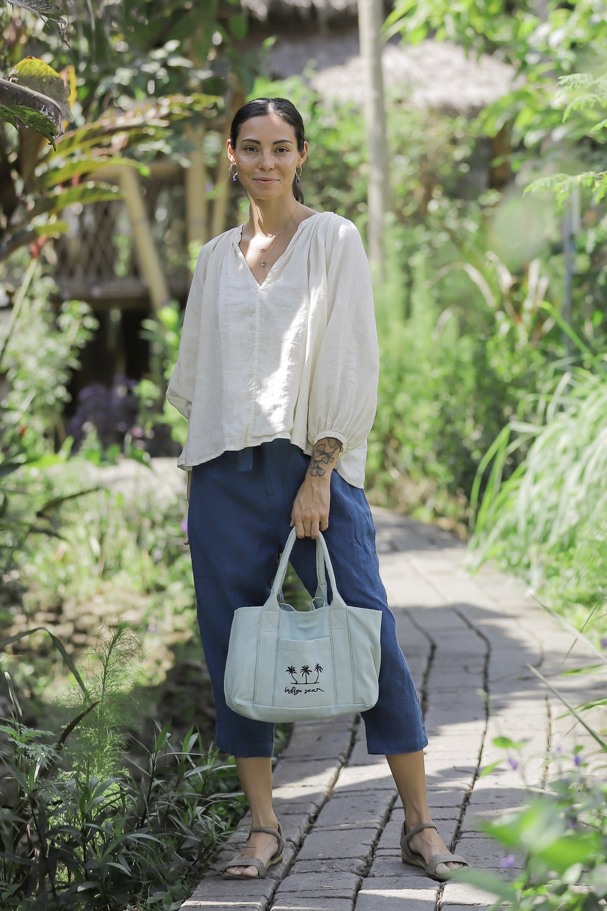 Petite tote bag indigo tie dye/terracotta/ice green