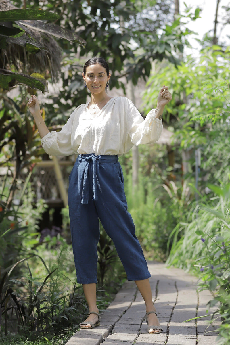 Linen Capri Pants Indigo/Terracotta/Charcoal Black/Cream Yellow