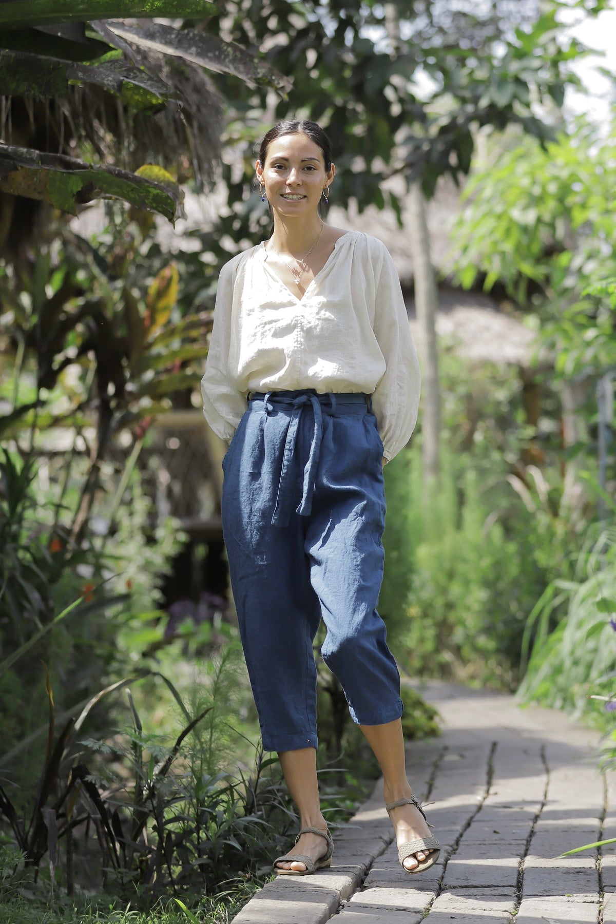 Linen Capri Pants Indigo/Terracotta/Charcoal Black/Cream Yellow