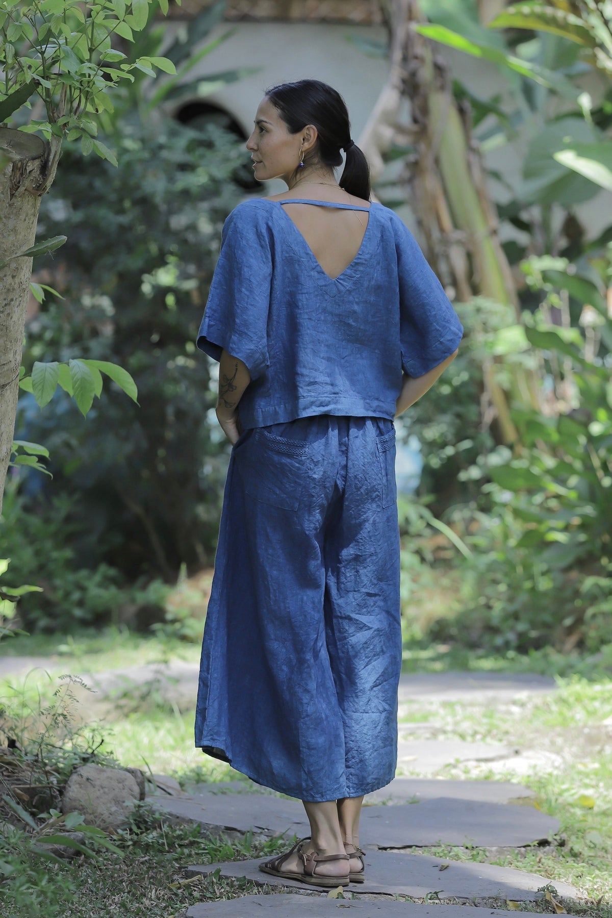 Linen Gaucho Pants Indigo/Terracotta/Leaf Green/Cream Yellow