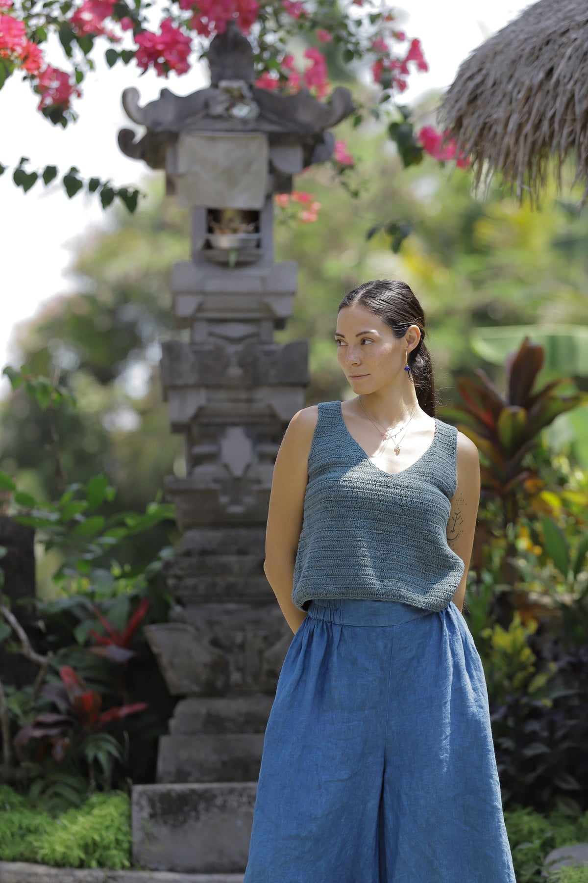 Hand knitted tank natural/terracotta/green/iron blue