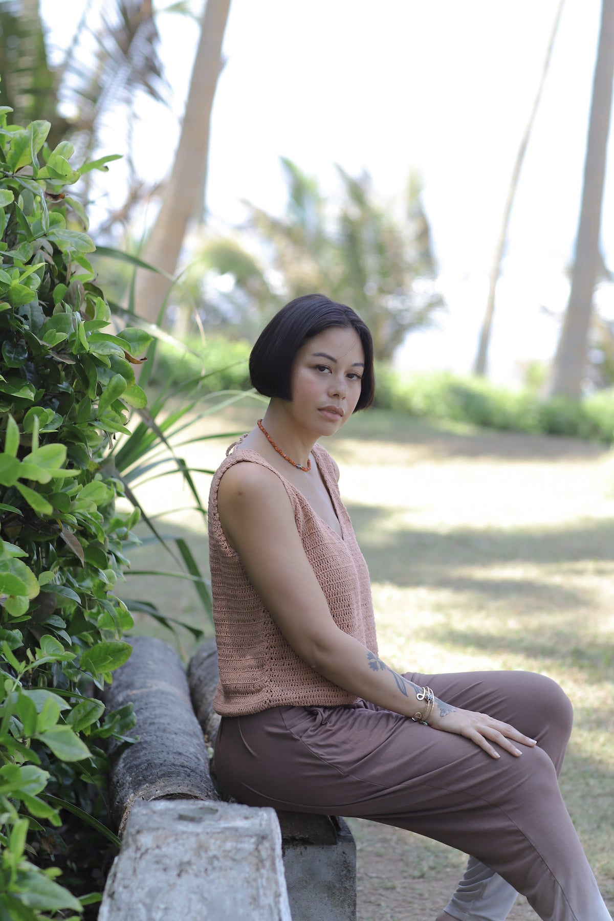 Hand knitted tank natural/terracotta/green/iron blue