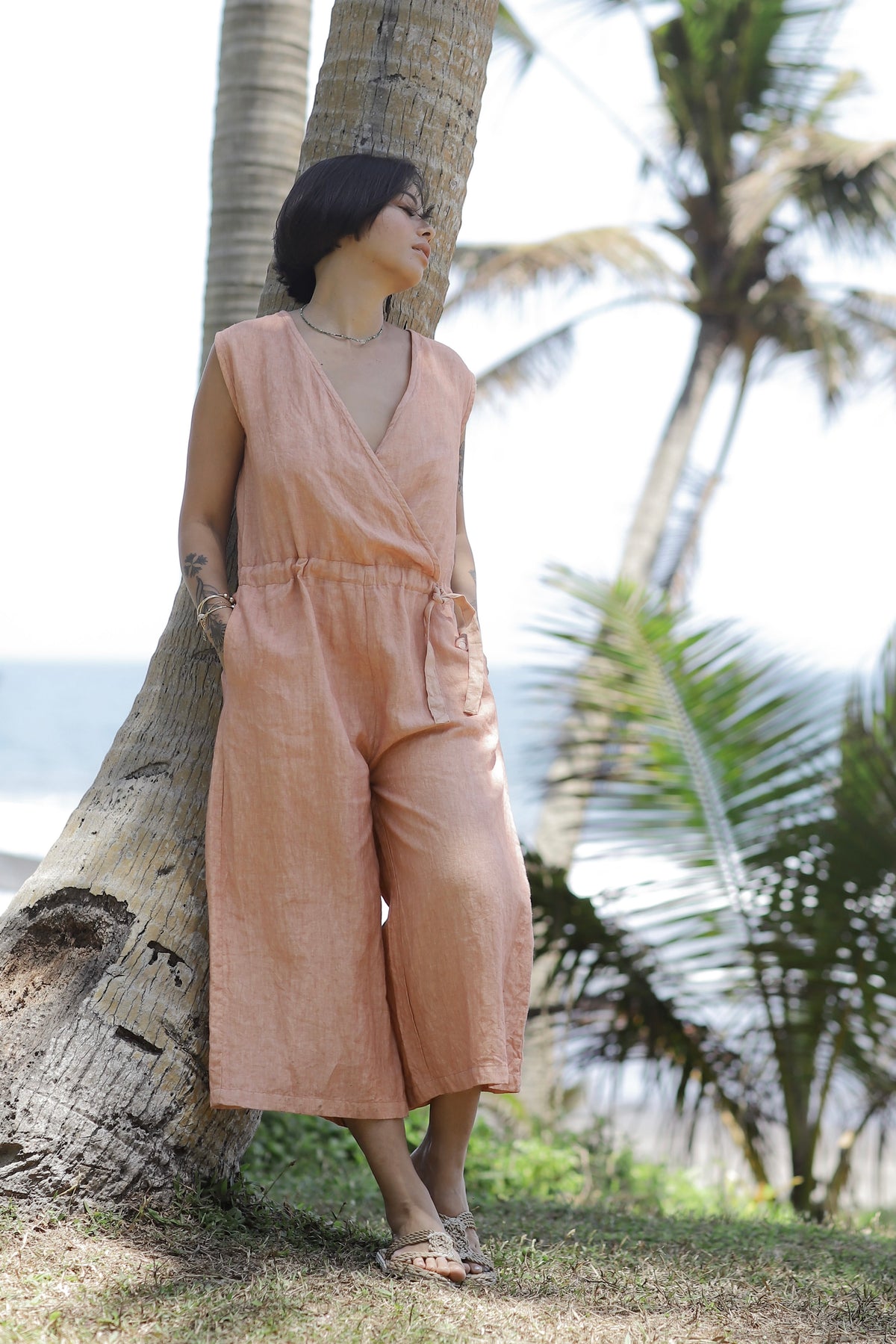 Linen Cozy Jumpsuit Coral Red/Mango Yellow/Charcoal Brown/Indigo