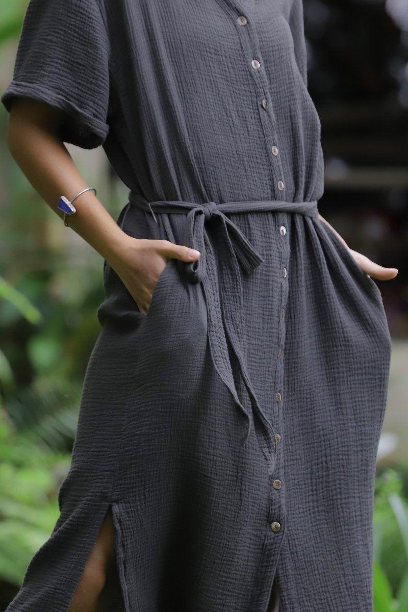 Gauze shirt dress dark beige/charcoal gray/indigo blue Indigo Sea World