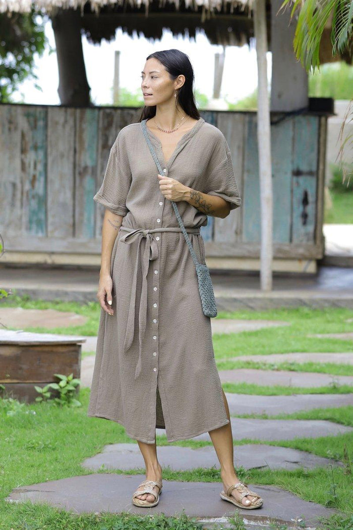 Gauze shirt dress dark beige/charcoal gray/indigo blue Indigo Sea World