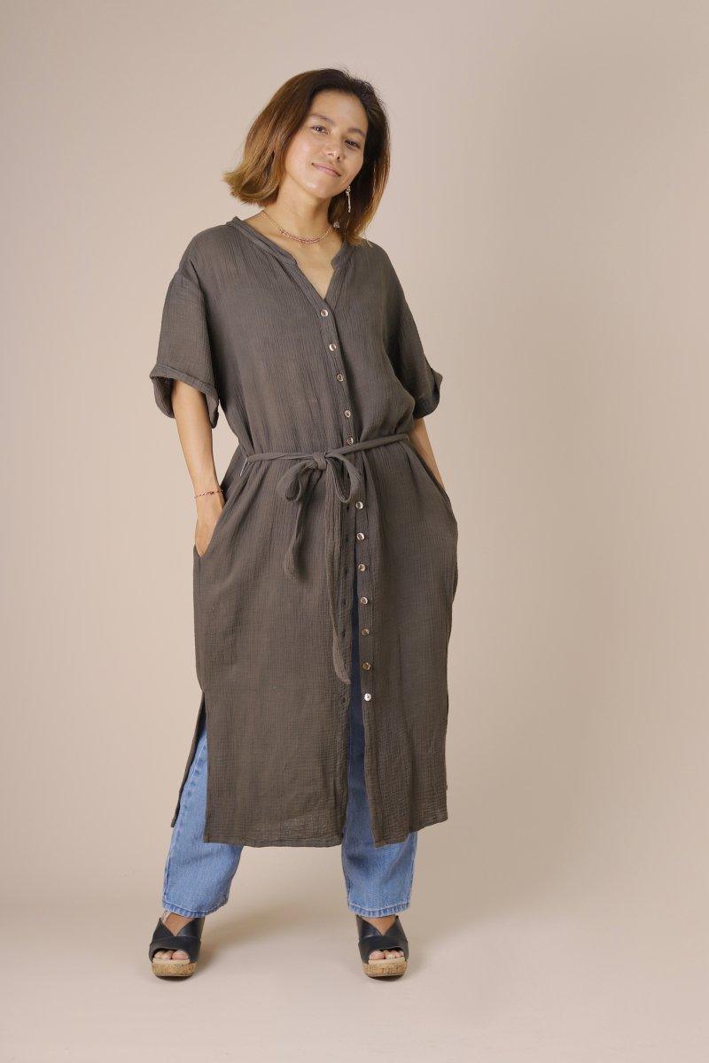 Gauze shirt dress dark beige/charcoal gray/indigo blue Indigo Sea World