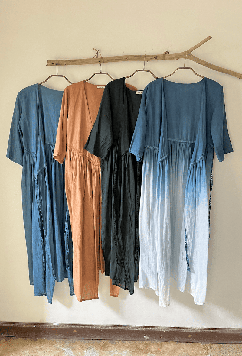 Sheer gown Indigo/Indigo gradation/charcoal black/coconut pink