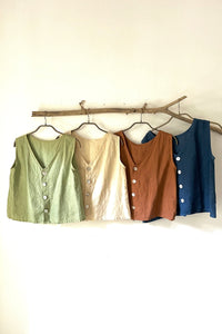 Linen Cynthia Button Tank Indigo/Terracotta/Leaf Green/Cream Yellow