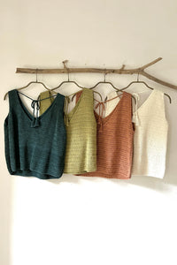 Hand knitted tank natural/terracotta/green/iron blue