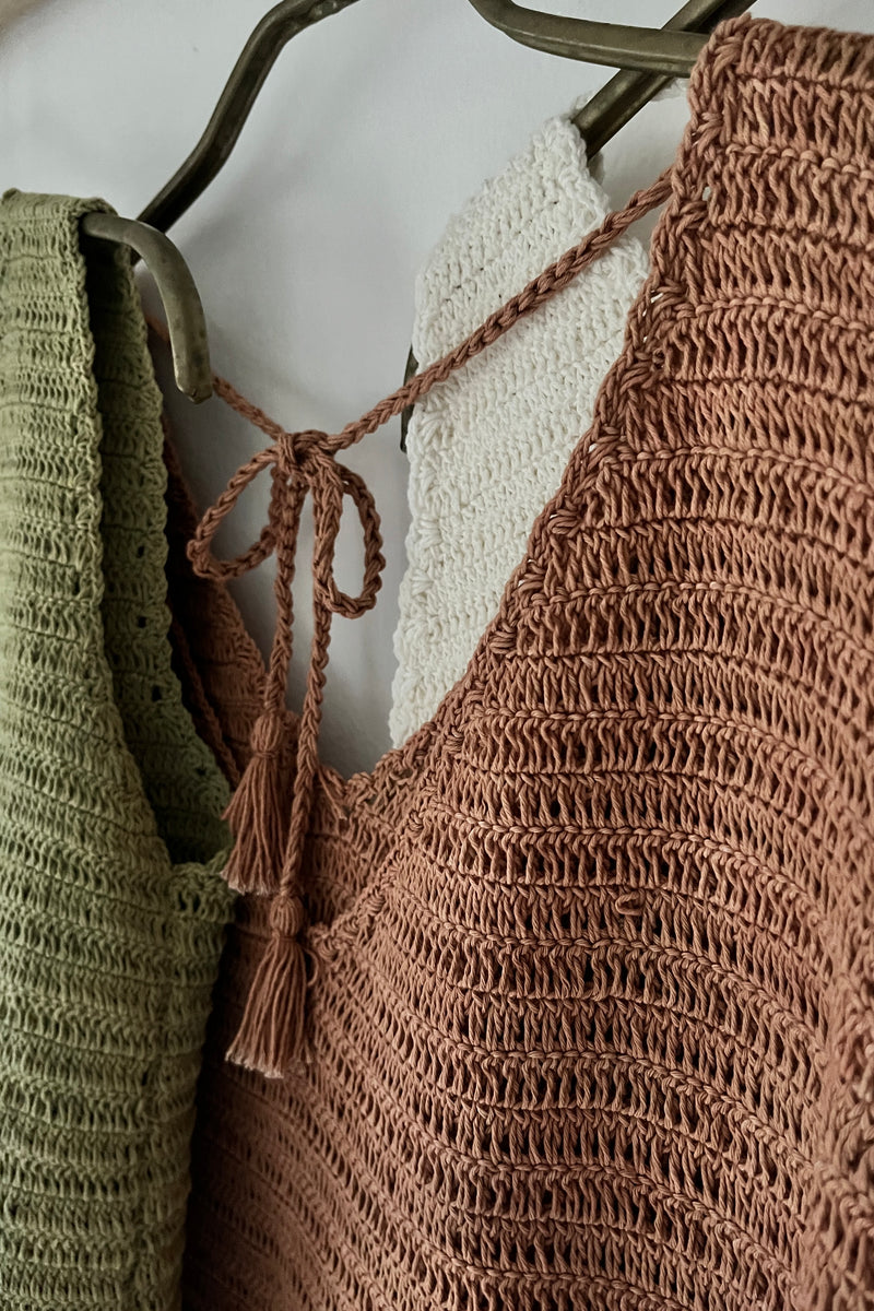 Hand knitted tank natural/terracotta/green/iron blue