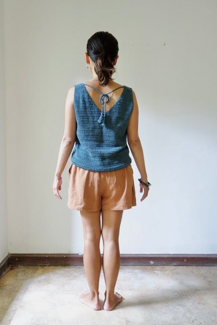 Hand knitted tank natural/terracotta/green/iron blue