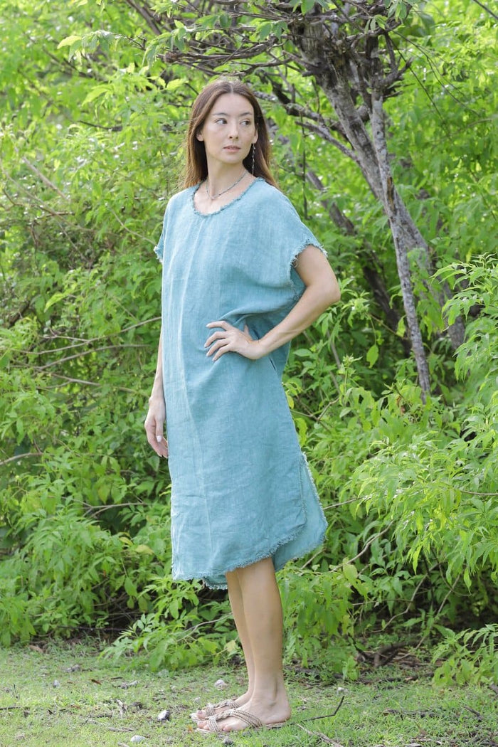 Linen Simple Dress Orange/Charcoal/Greean Indigo Sea World