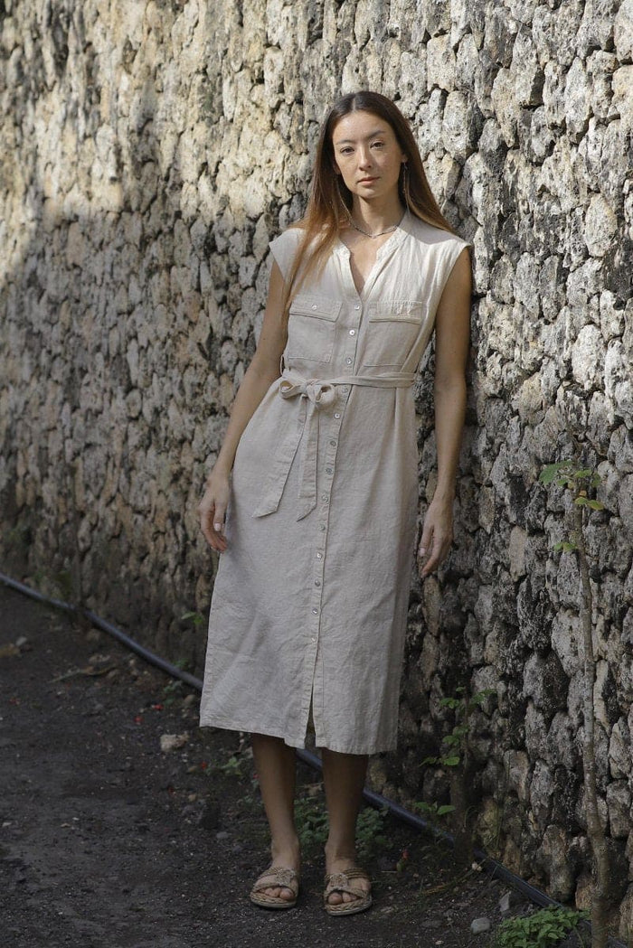 Linen no Sleeve Dress Indigo/Cream/Mocha Indigo Sea World