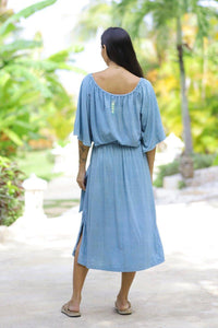 Off Shoulder Dress moss green/blue/yellow Indigo Sea World