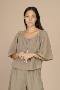 Off-shoulder top cream/olive/mocha Indigo Sea World