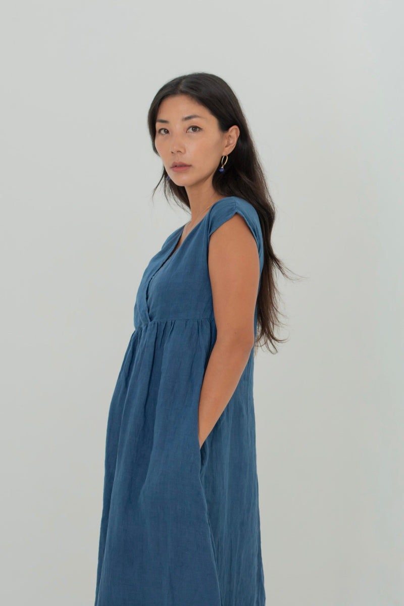 Linen Pleasant Dress Green/Navy/Coral Pink/Indigo