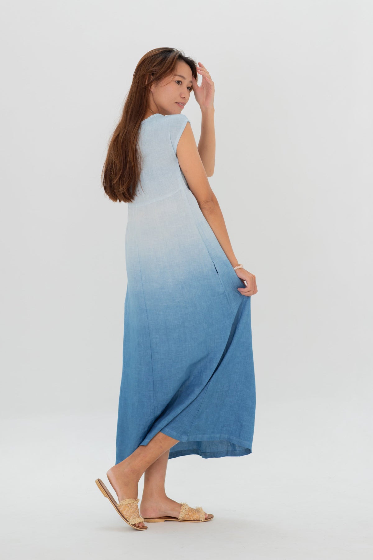 Linen Pleasant Dress Green/Navy/Coral Pink/Indigo