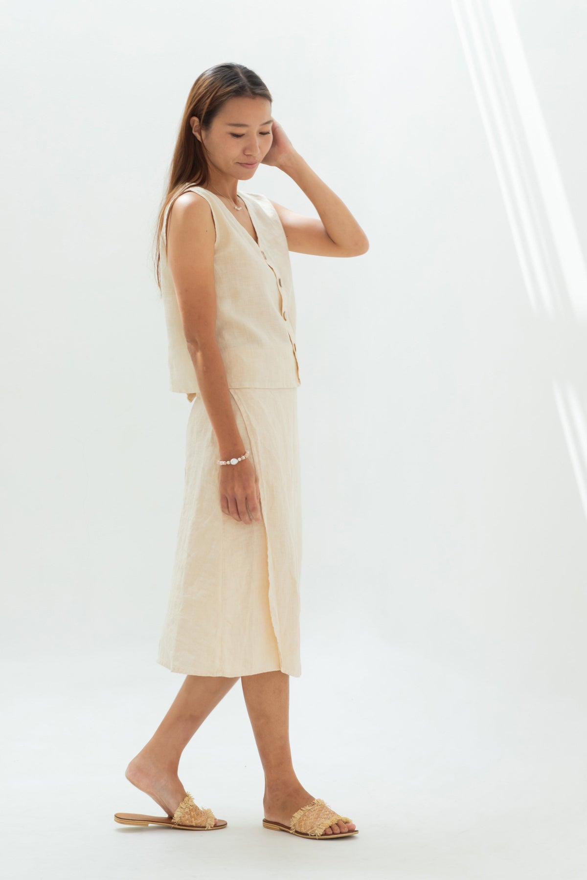 Linen wrap skirt indigo/cream yellow/terracotta