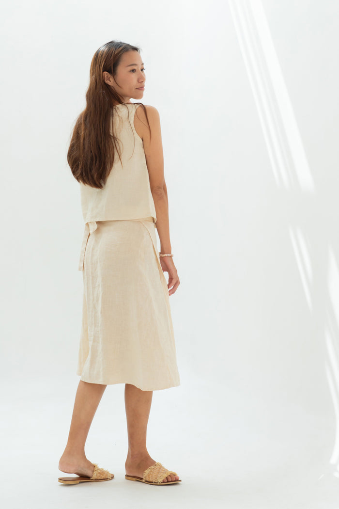 Linen wrap skirt indigo/cream yellow/terracotta